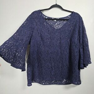 Rose & Olive Womens 1X Navy Lace Overlay Cottagecore Bell Sleeve Top Delicate